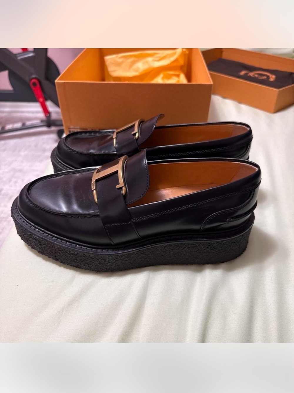 Black Leather Tod’s Platform Loafers with Gold Buckle - size 38.5